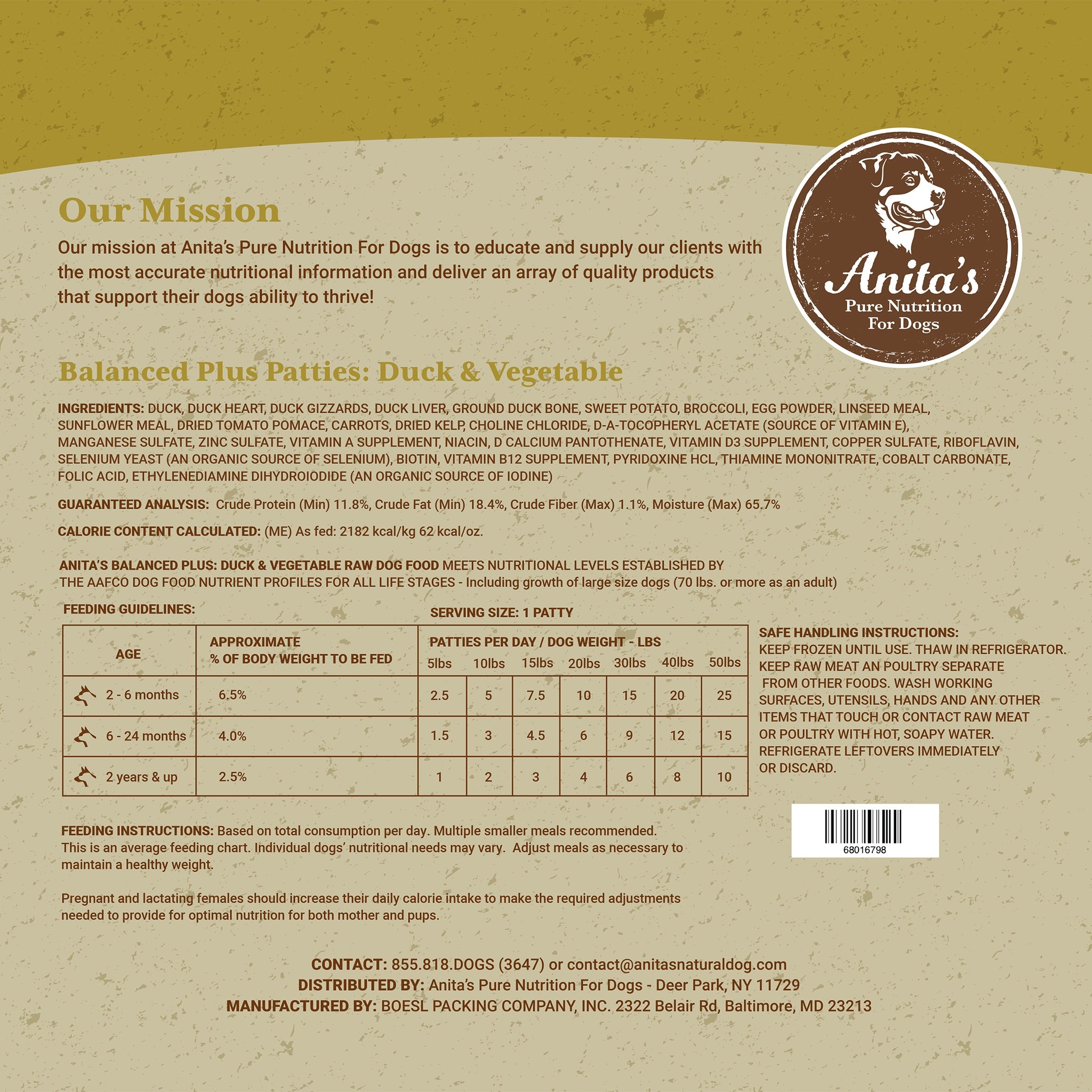 Anita's Pure Nutrition Balanced Plus Patties: Duck & Vegetable 5 lbs.-Nutrition-K9 Kraving-Maximum K9 Services